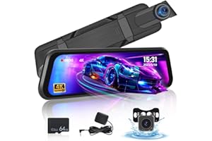 NHOPEEW 9.66 Inch Rear View Mirror Camera - 4K Mirror Dash Cam Front and Rear with 1080P Rear Camera - Full Touch Screen Mirror Camera for Car with WiFi&APP Control Parking Monitor Night Vision + 64GB Card