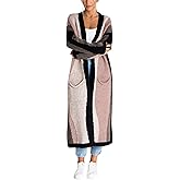 chouyatou Women's Fall Open Front Color Block Long Cardigan Sweater Coat Casual Vertical Striped Coatigan