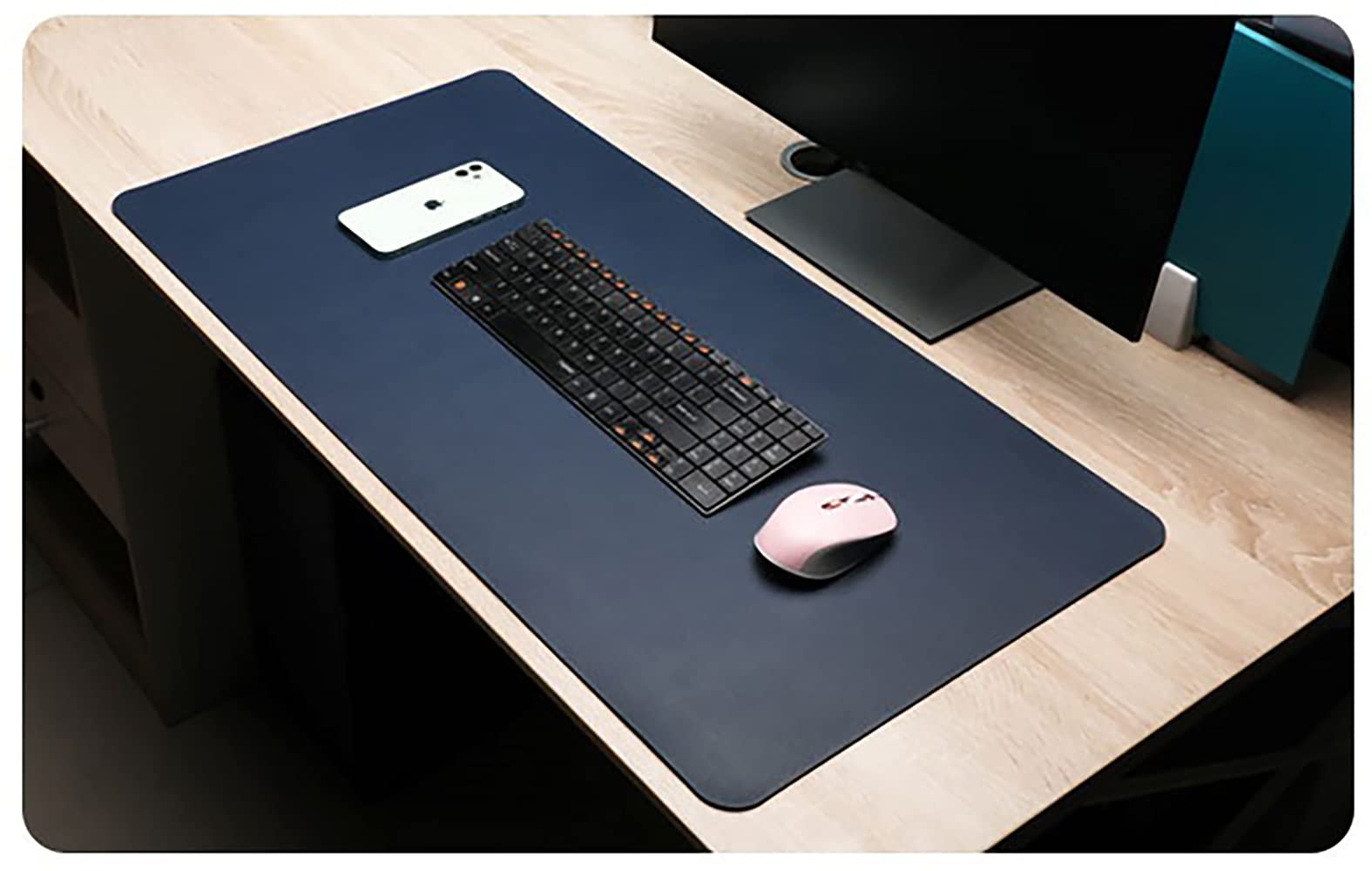 codiarts. Desk Mat, 40 x 80 cm, XXL Mouspad, Double-Sided, Natural Cork & PU Leather, Waterproof PU Ledeer Table Mat (Blue)