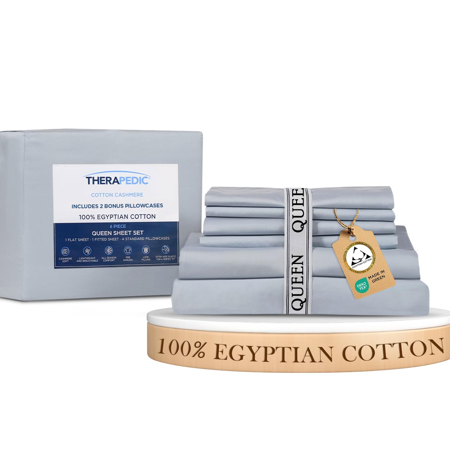 Photo 1 of Therapedic 100% Egyptian Cotton Queen 6-Piece Sheet Set – Naturally Cooling & Breathable Sateen, Preshrunk Garment Wash, 16" Deep Pocket Fitted Sheet, Bonus Pillowcases, Soft & Durable - Light Blue