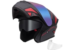 JQF Gear Modular Motorcycle Helmet Dual Visor Flip Up Full Face Helmets FF808 DOT Approved for Adults Men Women (Red Mech Man, XL)