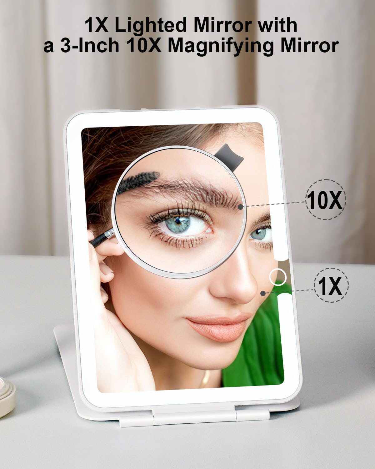LUKYMIRO Rechargeable Travel Makeup Mirror with Lights, Portable Lighted Vanity 10X Magnification, 70 LEDs 3 Color Dimmable Touch Screen, Tabletop Folding Compact Cosmetic (White With 2000mah Battery)