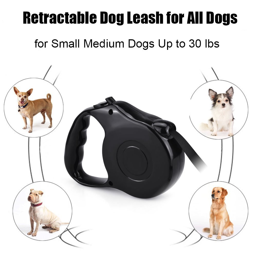 Retractable Dog Leash 16.5FT Extra Long Walking Leash with Break and Lock Button, Tangle Free, Reflective Ribbon Cord, Suitable for Small Medium Breed Dogs By WLWQ - Up to 33LBS / 15KGS Pets (Black）