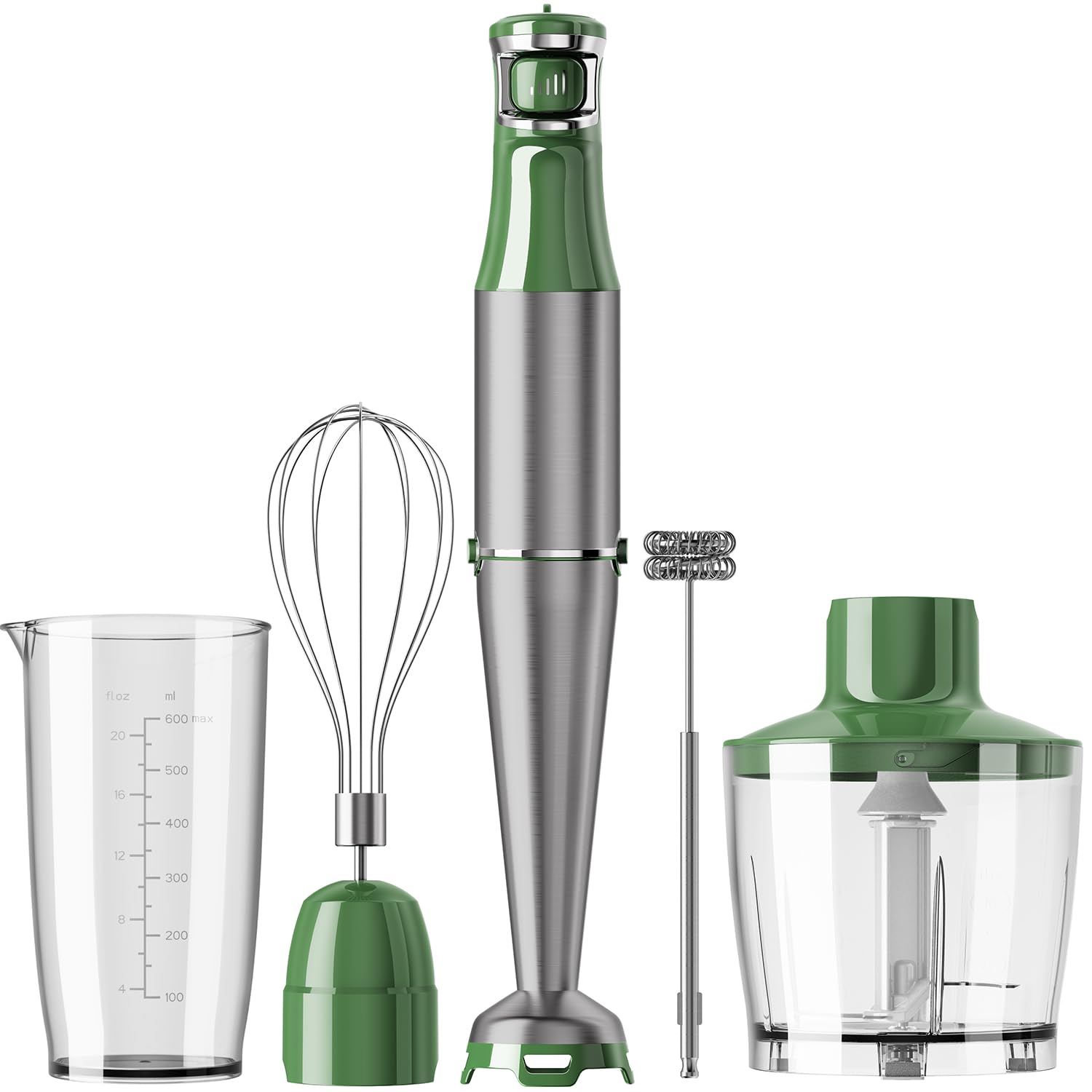 Immersion Blender Handheld Corded Hand Blenders Set 1100W, Trigger Variable Speed 5 in 1 Stick Emulsifier with Chopper, Whisk and Frother for Soup, Baby Food and Smoothies, Green Image Immersion Blender Handheld Corded Hand Blenders Set 1100W, Trigger Variable Speed 5 in 1 Stick Emulsifier with Chopper, Whisk and Frother for Soup, Baby Food and Smoothies, Green Image