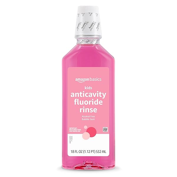 AMAZON BASICS KIDS MOUTHWASH WITH FLUORIDE, ANTICAVITY, ALCOHOL-FREE BUBBLE GUM FLAVOR, CAVITY PREVENTION, 18 FL OZ