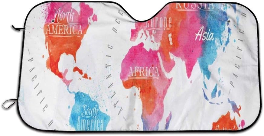 Amazon 車のフロントガラスのサンシェード 水彩の世界地図の大陸と海の名前が書かれた フロントウィンドウのサンシェードバイザーシールドカバー 27 5 X 51 車 バイク 車 バイク