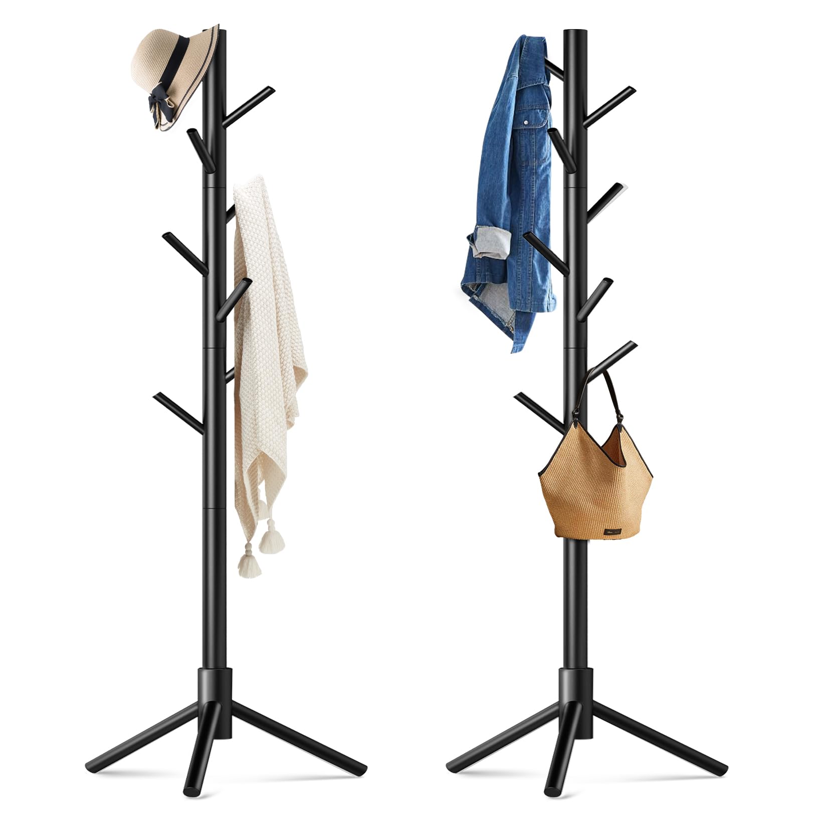 Photo 1 of OUTGAVA 2 Pack Coat Rack, Solid Wood Coat Rack Freestanding with 8 Hooks & 3 Adjustable Heights, Simple Assembly Coat Tree for Hats, Bags, Wooden Coat Hanger Stand for Bedroom, Entryway, Office