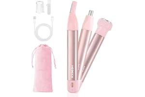 HEBECA Nose Hair Trimmer for Women 3in1 Facial Hair Removal Trimmers- Rechargeable, Waterproof, Portable with Travel Bag- Trims Nose, Ear, Eyebrow, Peach-Fuzz, Lips, Chin Face Hair Remover (Pink)