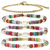 Opalencian Beaded Bracelets for Women,4Pcs Multilayered Stackable Strand Stretch Bead Gold Chain Bracelet Pack Handmade Trendy Bohemian Charm Jewelry