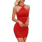 Kaximil Women's Sexy Ruched Sleeveless Criss Cross Bodycon Club Party Short Mini Dresses