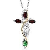 Cross Necklace For Women In 925 Silver and 10K Yellow Gold with Lab Grown Diamond and Garnet and Nano Emerald | 1.44 Cttw | Jesus Christian Religious Crucifix | Marquise Cut 8X4MM | 18 Inch Chain