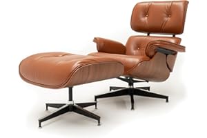 Suluco Mid Century Chaise Lounge Chair with Ottoman, Top Black Grain Leather, Modern Office Chair Classic Design, Heavy Duty Base Support for Living Room Study Lounge Office