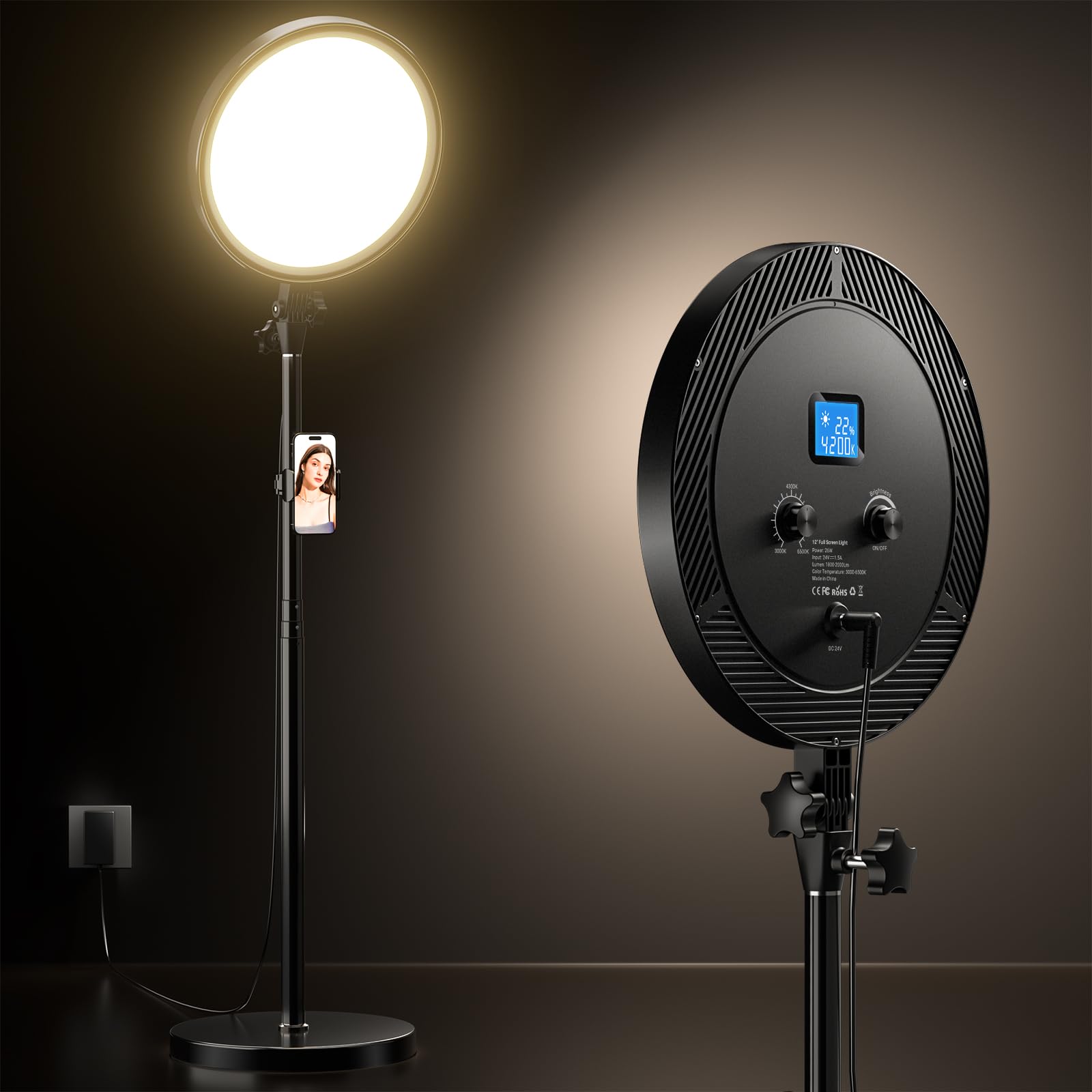 Photo 1 of UBeesize Professional Big Ring Light with 66" Tall Stand, Phone Holder, and Remote – 6500K Full-Screen Lighting for Studio, Barber, Makeup, Photography, and Live Streaming