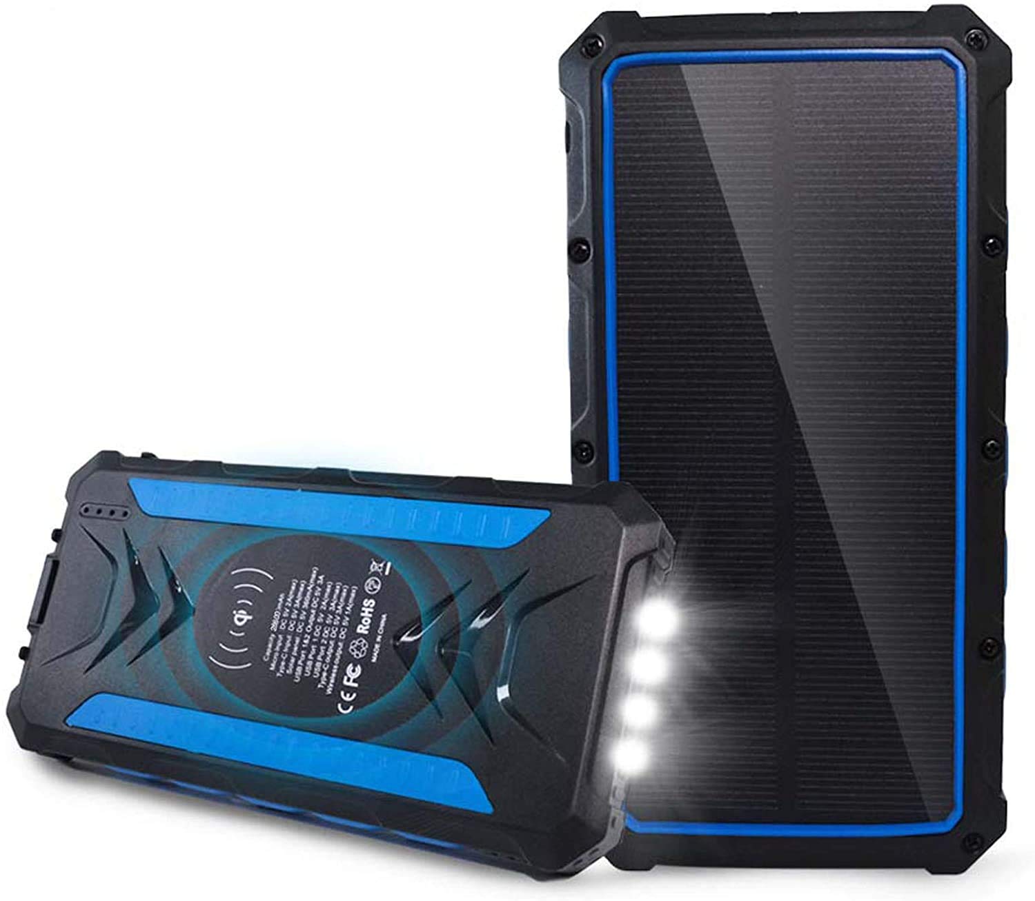Solar Power Bank 26800mAh, Qi Wireless Portable Solar Power Bank Panel Charger, 3 Outputs 5V/3A High-Speed and LED Flashlight Huge Capacity Phone Charger, IP66 Rainproof for Camping, with Carabiner.