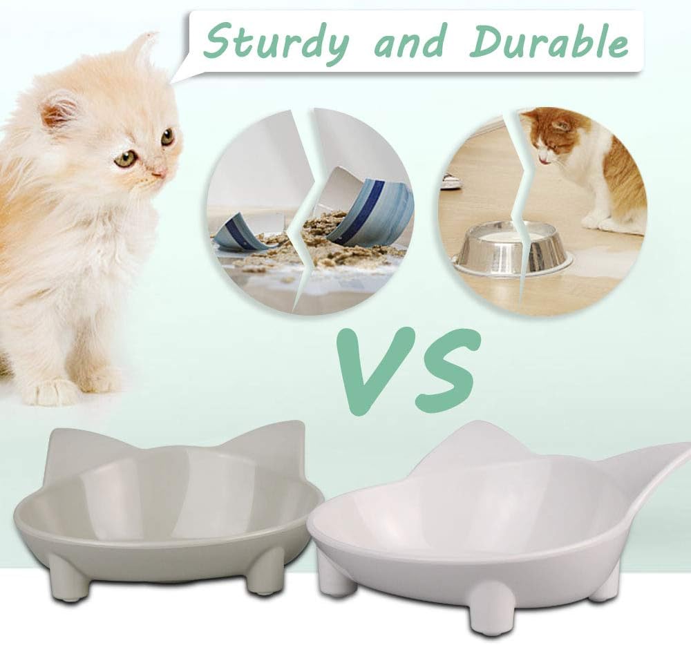 Comsmart 2 Pack Cat Bowls, Multi-purpose Pet Feeding Bowl, Anti-slip Cat Shaped Food and Water Feeder for Cats (White/Grey) - Image 4