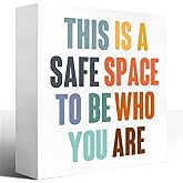 LVQHI This Is Safe Space to Be Who You Are Wooden Block Sign, Accepting and Welcoming Affirmation Plaque for Kids Bedroom & Playroom Wall, Supportive Counseling Office Decor, 5"L x 5"W x 1.2"H
