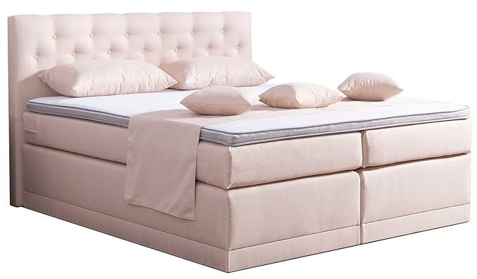 Aukona International Boxspringbett Johanna Beige 180x200, 7-Zonen-Taschenfederkern-Matratze mit Visco Topper Matratzenschoner