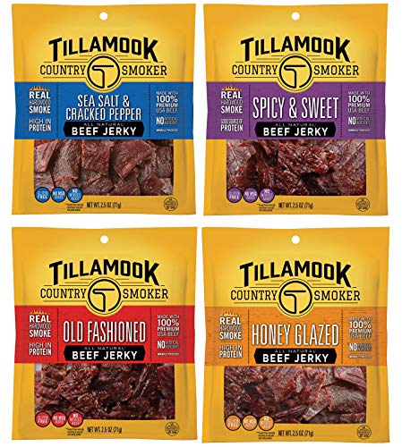 Tillamook Country Smoker All-Natural Real Hardwood-Smoked Beef Jerky, 2.5-Ounce Sampler Bags, 4-Pack
