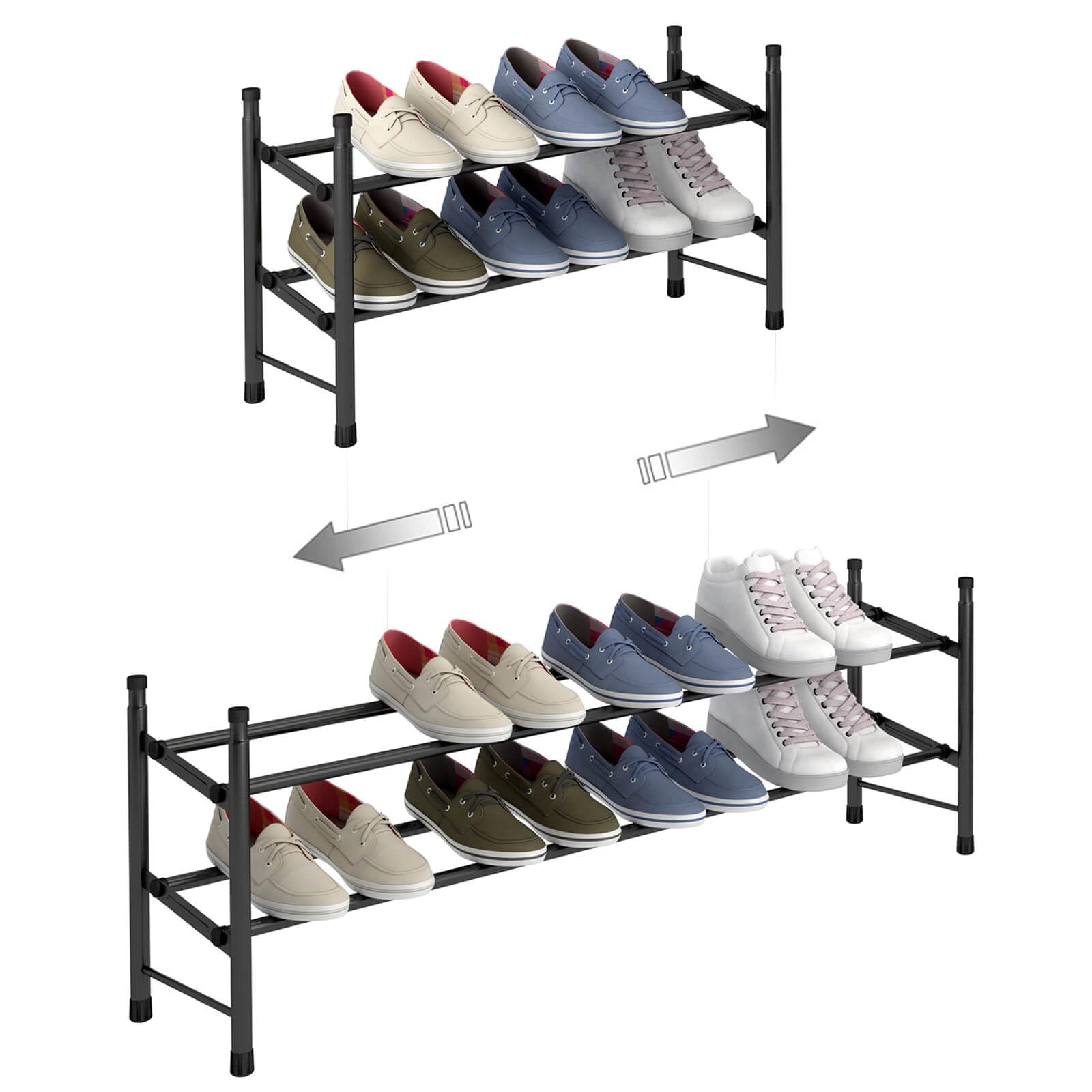 TZAMLI Extendable Shoe Rack with 2 Levels for Storing up to 12 Pairs of Shoes, Adjustable Stackable Shoe Rack Storage Space for Hallway, 62 ~ 114 x 22 x 35 cm (Black, 2 Shelves)