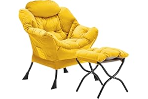 Youtanic Lazy Chair with Folding Ottoman, Accent Chair Velvet Upholstered with Metal Structure and Non-Slip Pads, Sofa Armchair with Footrest and Side Storage Bag for Dorm, Room, Office, Yellow