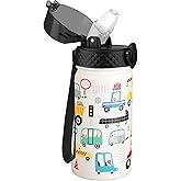 GOPPUS Kids Water Bottle (Straw Lid) - 14 Oz Stainless Steel Travel Bottle, Double Wall Vacuum Leak Proof Kids Cup for School Boys Girls,White engineering car