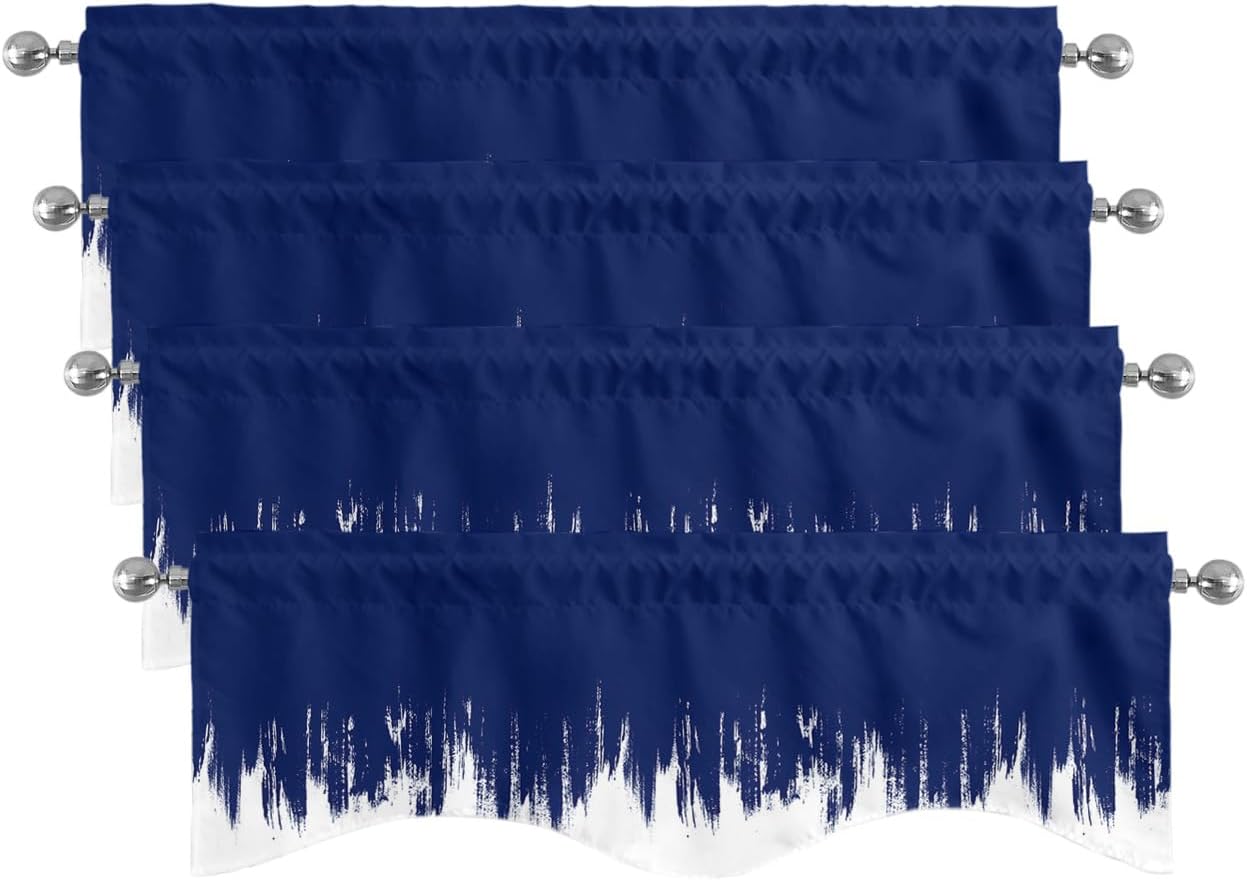 Paintings - YOKOU Kitchen Valances for Windows Abstract Oil Painting Smear Navy Blue White Light Filtering Short Curtains for Windows Bedroom Privacy Added Rod Pocket Design 42x12inch,4pcs