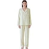 Womens Cotton Gauze Pajama Set Plaid Lace Trim Long Sleeve Tops Pants 2 Piece Loungewear Gingham Pj Sets