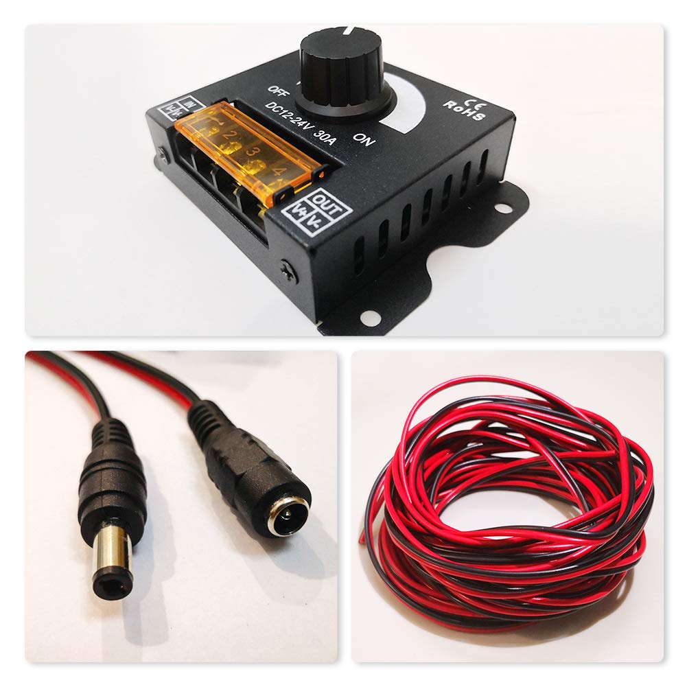 BeaBuy Upgraded LED Strip PWM Dimmer DC 12V-24V 30A Dimming Controller Adjust Brightness Switch + 5M 22AWG Extension Cable + DC Power 12V Male Female Connector for 2835 3528 5050 5630 Single Color: Industrial & Scientific