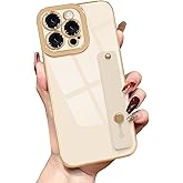 Lafunda for iPhone 14 Pro Max Case Cute, Luxury Gold Plated for Women Girls Elegant Cover with Wrist Strap Kickstand Camera Protection Shockproof Silicone Phone Case for iPhone 14 Pro Max, White