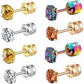 Hopply 4 Pairs Stud Earrings Set for Women Mens,Hypoallergenic Screw Back Titanium Surgical Stainless Steel 5A Cubic Zirconia Double Side Earrings Piercing Sleeper Studs Jewelry