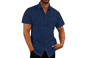 GENERIC Men's Cotton Linen Shirt Casual Button Down Shirts Lightweight Short Sleeve Shirts Summer Dress Shirts Blouse