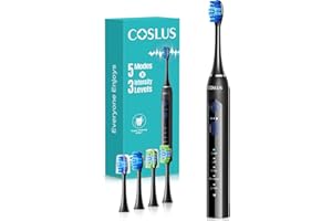 COSLUS Sonic Electric Toothbrush for Adults: 3 Intensities & 5 Modes Gum-Friendly for Deep Cleaning & Whitening - 2 Types of Heads for Family, Sensitive Teeth, Braces, Travel & Home Use, Black