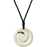 81stgeneration Hand-Carved Bone Paua Shell Double Koru Spiral Pendant - Adjustable Cord Surfer Necklace for Men - Women's Maori-Style Amulet with Abalone - Handmade Tribal Statement Jewelry