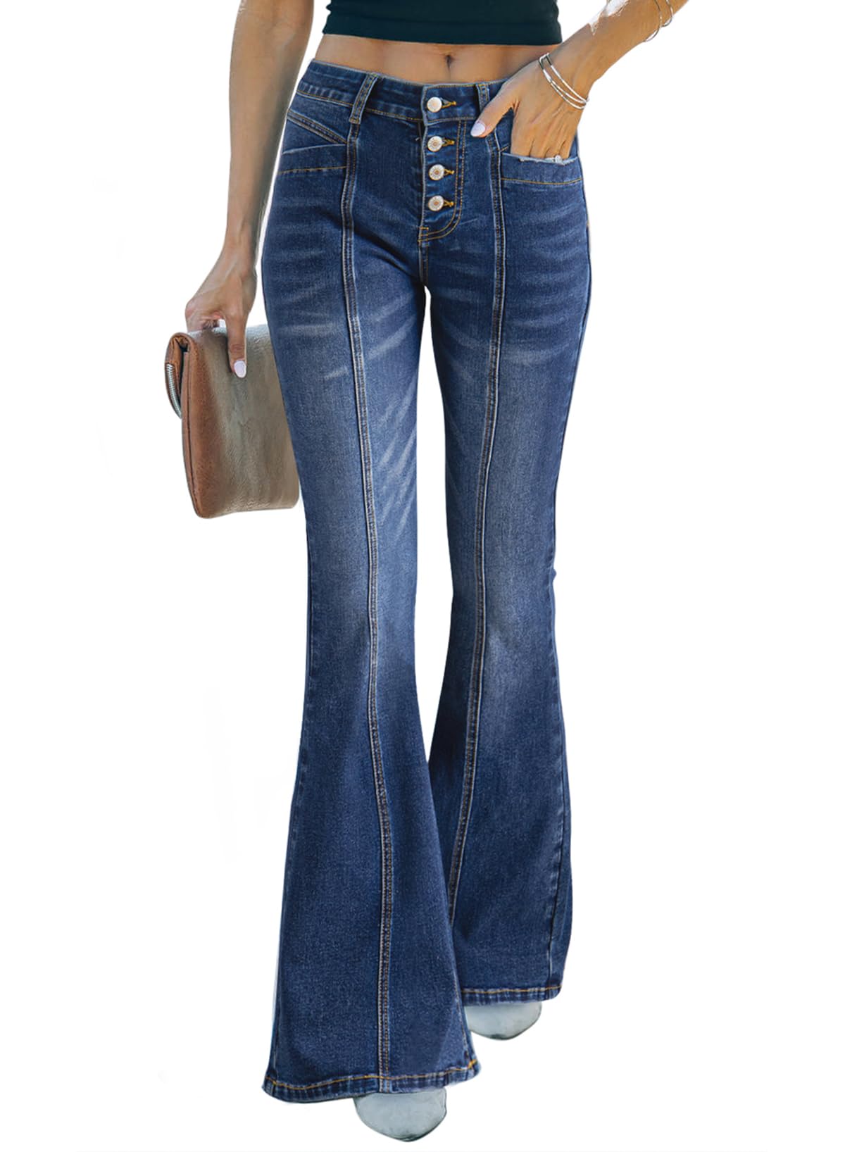 Photo 1 of Sidefeel Wide Leg Jeans for Women Trendy 2025 High Waisted Strechy Button Fly Bell Bottom Flared Denim Pants Bluing Size 10