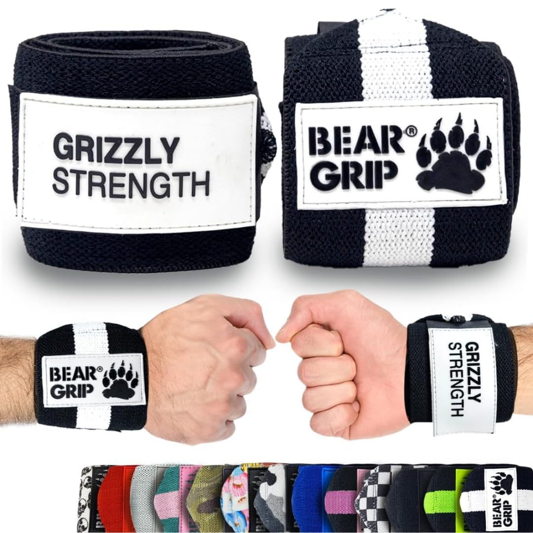 BEAR GRIP - Premium Heavy Duty Weight Lifting Wrist Wraps, Bodybuilding, Crossfit, Powerlifting, StrongMan (Black/White, 24 Inches)