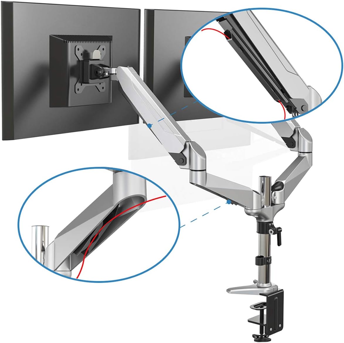 DIGITUS monitor mount - Clamp & gas spring - 2 monitors - Up to 27 inch - Up to 2x 8 kg - VESA 75 & 100 - Silver - Image 3