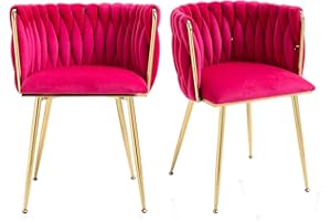 Tsuysi Velvet Dining Chairs Set of 2, Modern with Golden Metal Legs, Woven Upholstered for Dining Room, Kitchen, Vanity, Living Room (Rose Red)