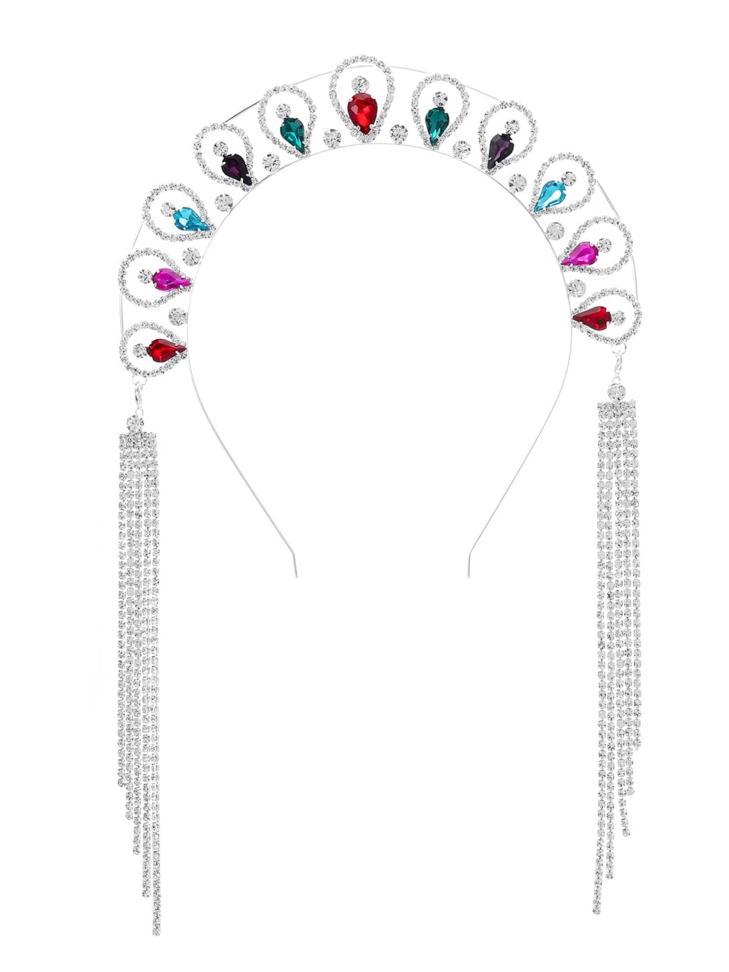 IYOU Crystal Halo Crown Headpiece Silver Shiny Rhinestone Goddess Headband Tassel Wedding Party Costume Hair Tiara Headwear for Women