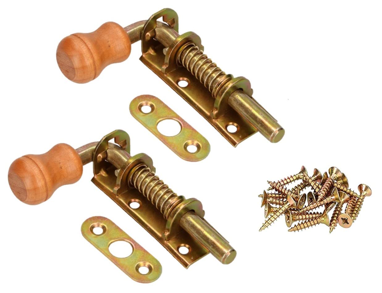 KOTARBAU® Set of 2 Spring Bolts, Bolt Door Latch, Galvanised Rustproof Wooden Handle, Weatherproof, with Suspension Gate Latch, 100 mm