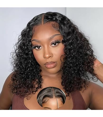 Amazon.com : Curly BOB Wig Human Hair 220 Density 13x4 HD  display picture 3