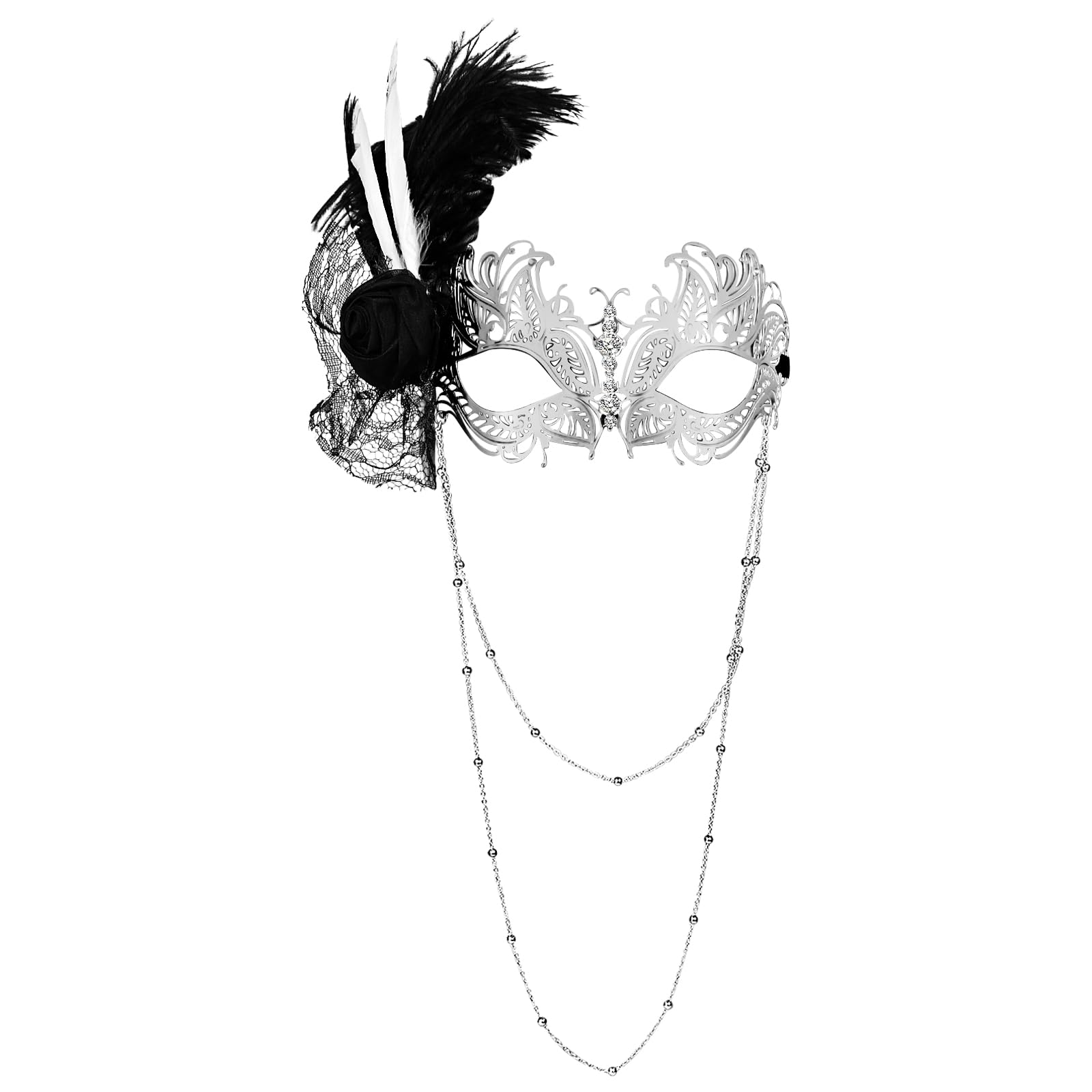 Flonge Feather Costume Ball Mask: Black Flower Feather Masquerade Masks Halloween Mardi Gras Venetian Ball Mask With Bead Chains Decoration Silver
