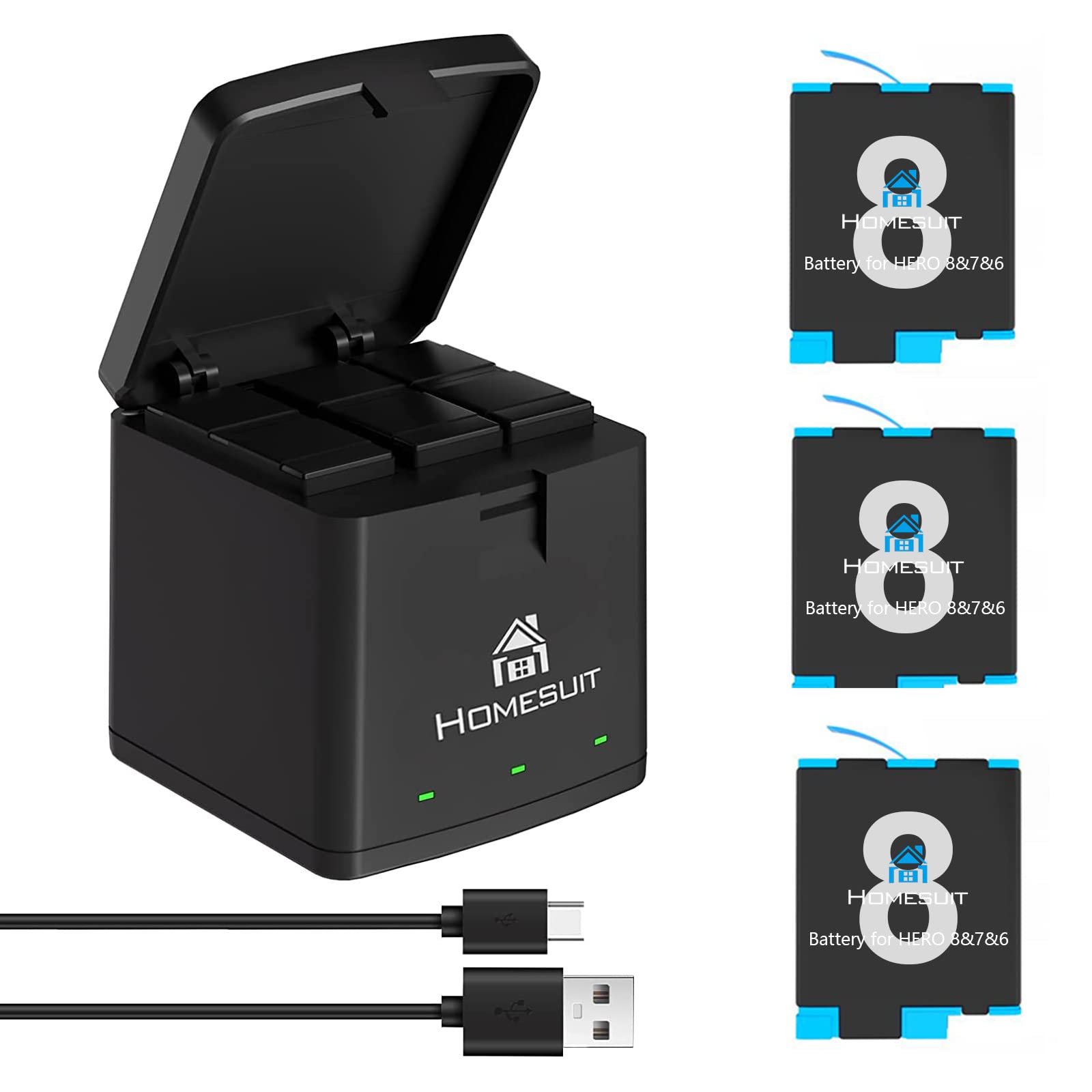 Homesuit Hero 8/7/6/5 Replacement Batteries (3 Pack) and 3-Channel USB Storage Charger for Hero 8/7 Black,Hero 5/6 Black,Hero 2018(Fully Compatible with Original)