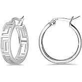 Hoops & Loops 925 Sterling Silver Greek Key Round Click-Top Hoop Earrings for Women, 15mm, 20mm | Silver, Yellow Gold, Rose Gold