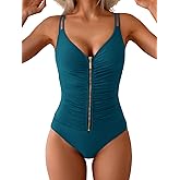 Eomenie One Piece Swimsuit for Women Zip Front Tummy Control Bathing Suit Ruched Slimming Swimwear Double Straps Swim Suit