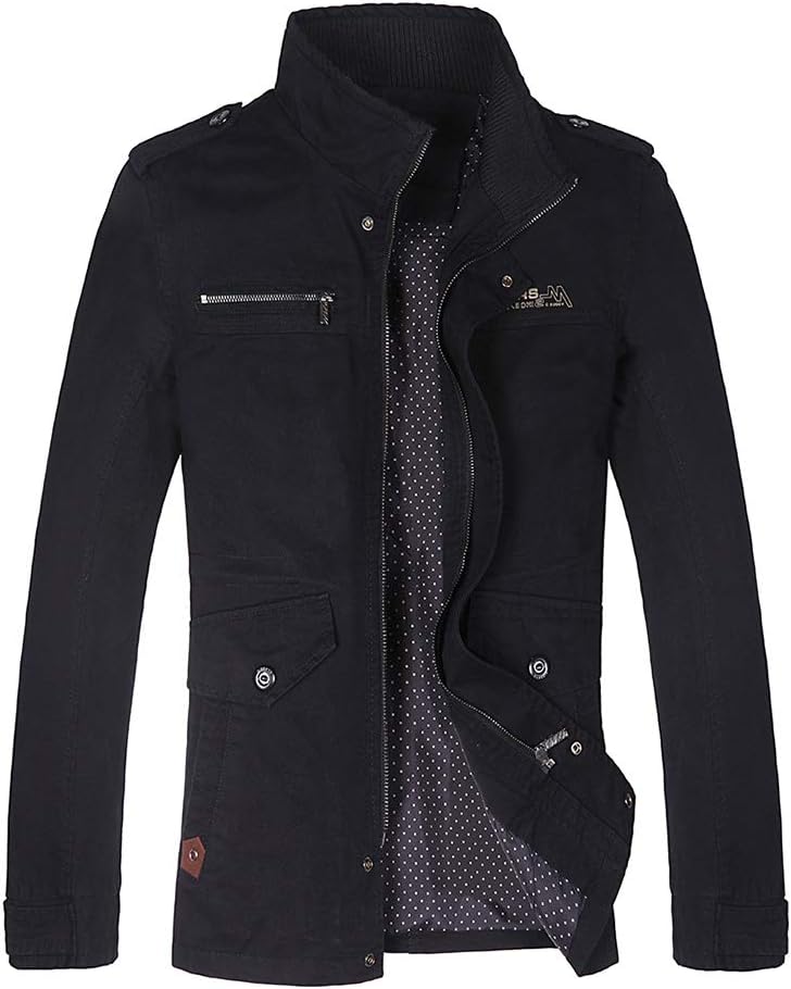 YA RUI MyMei Men's Polyester Casual Stand Collar Zipper Design Regular Spring Autumn Windbreaker Outerwear Jacket (Black, Large)