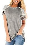 Dressation Women's Short Sleeve Leopard Color Block Shirt Casual Stripe Round Neck T Shirts Blouses Tops