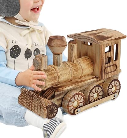 Amazon 木製素材のおもちゃの蒸気機関車 子供のおもちゃの列車 蒸気機関車 モデルの蒸気機関車 子供の部屋を飾る家の装飾のため 車両 おもちゃ