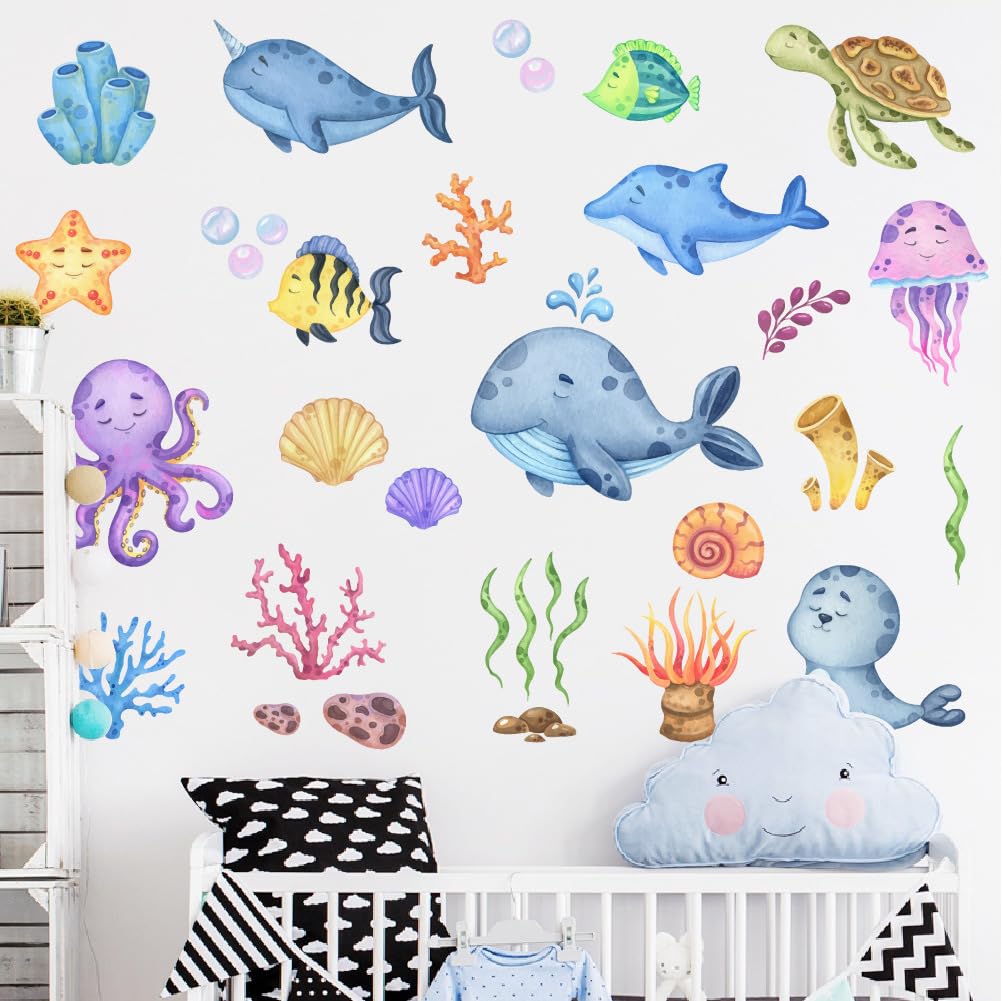 2 Sheet Ocean Wall Decals, Under The Sea Fish Wall Stickers, Whales Dolphins Seaweed Wall Decor for Kids Baby Bedroom Bathroom Living Room Playroom, Removable Wall Art Home Decoration