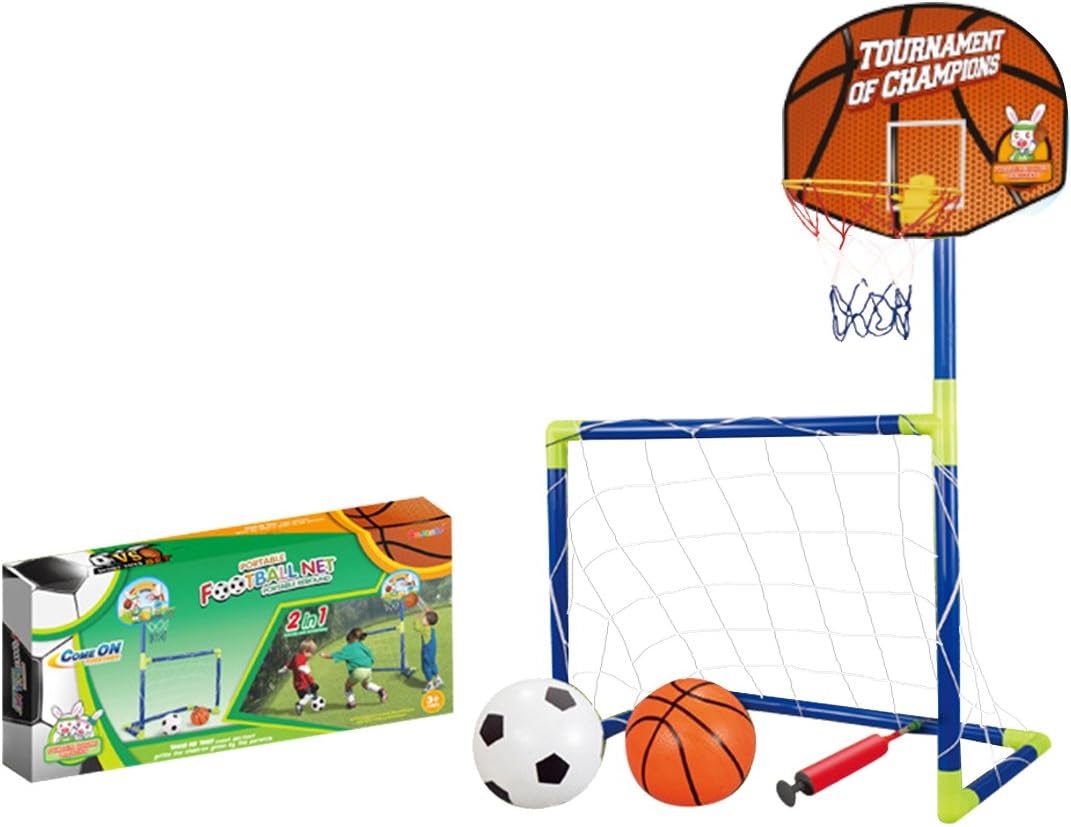 YAKOK Portable Kids Soccer Goal and Basketball Hoop Football Goals Set with Net Ball Pump for Kids 3-7 Years Old, 102*72*36cm (Blue)