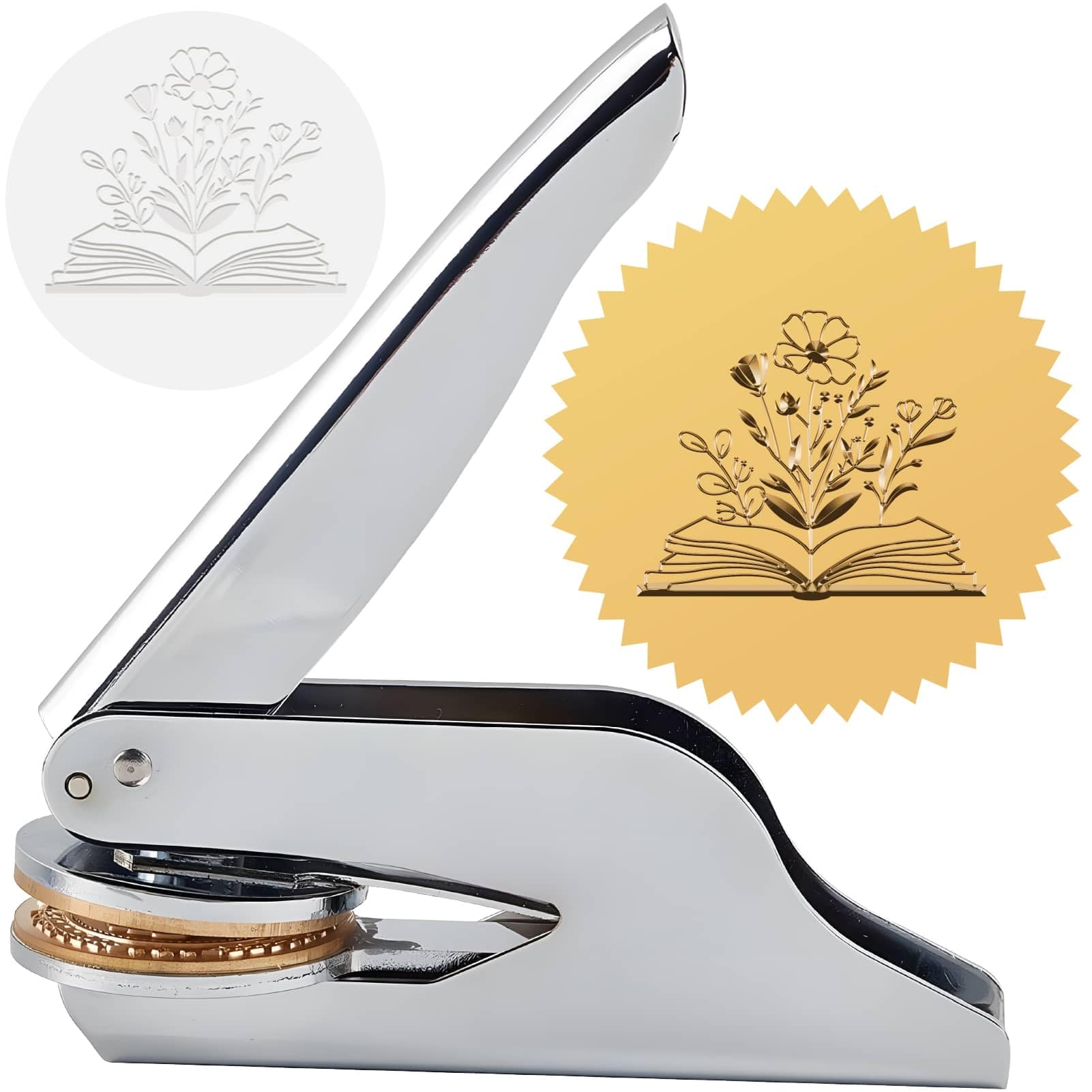 CRASPIRE Book Flower Library Embosser Stamp 1.6in Stainless Steel Seal Hand Held Embossing Sealing Stamp Book Lovers Teacher Ex Libris Notary for Graduation Official Gift Envelopes Paper(Non Custom)